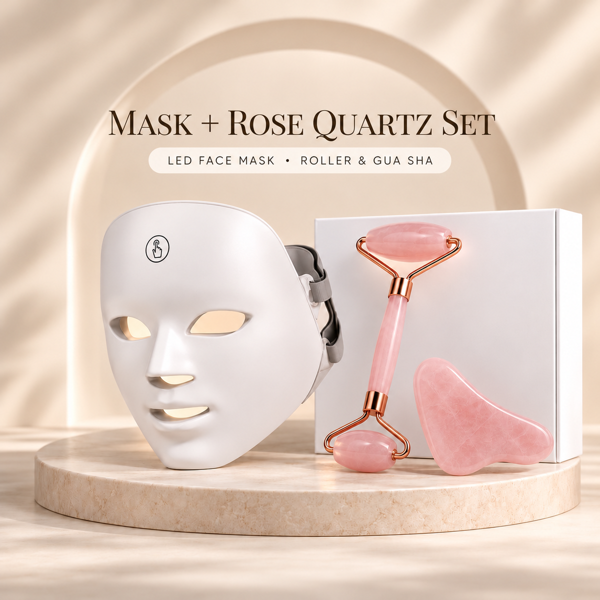 LED face mask with rose quartz roller and gua sha